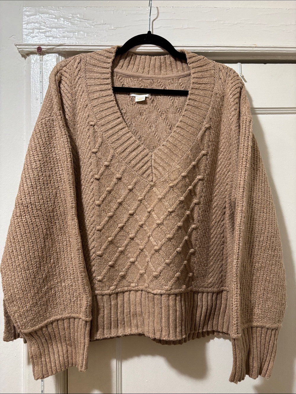Maeve Textured V-Neck Cable Sweater - Camel/Taupe